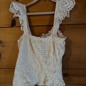Smocked white tank top eyelet straps